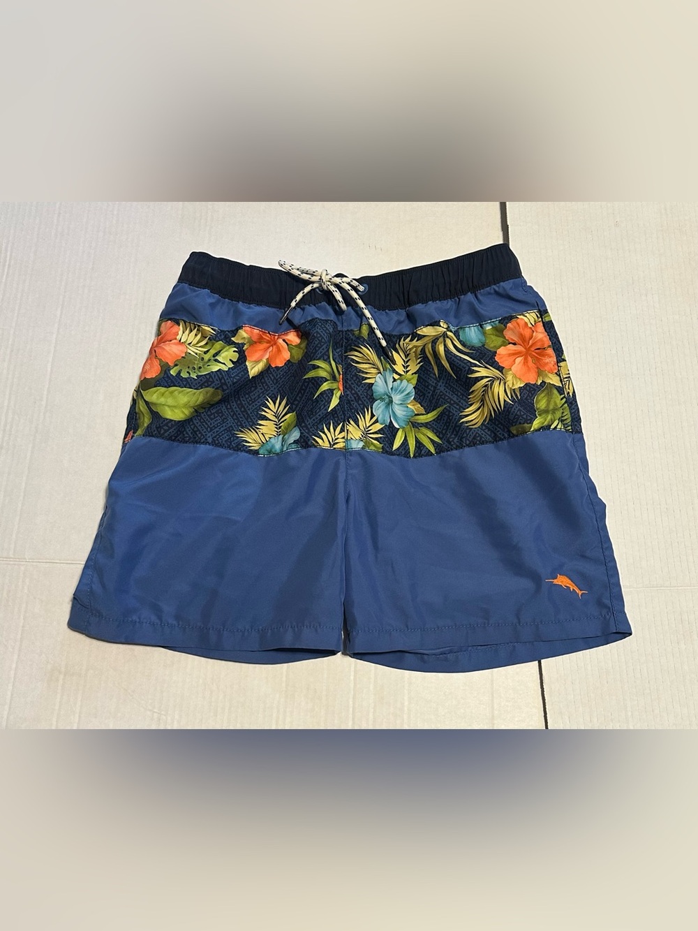 Tommy Bahama Blue Swim Trunks with Orange and Green Floral Waistband